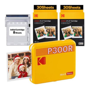 KODAK Mini 3 Retro 4PASS Portable Photo Printer 3 x 3 + 60 Sheets (0192143003373)
