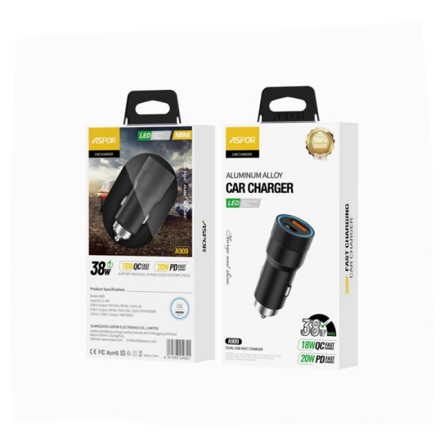 Aspor A909 Автомобільний зарядний пристрій PD Metal (USB/USB-C/3.4A/38W) LED- чорний