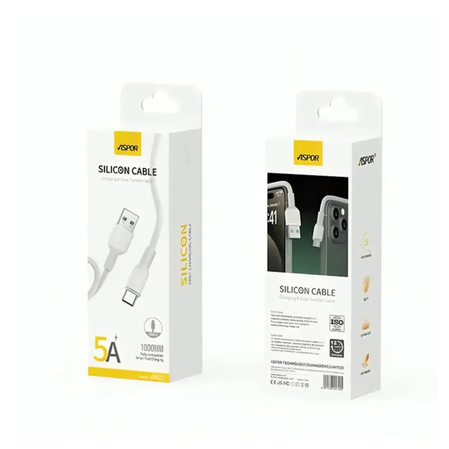 Aspor A082 USB кабель Silicone Type-C 5A/1м- білий