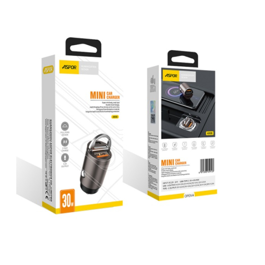 Aspor A908 Автомобільний зарядний пристрій Mini Metal (USB/USB-C/4.8A/30W)- графітовий