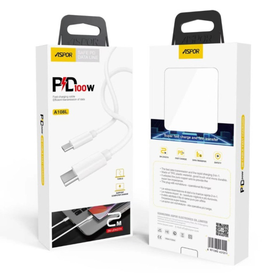 Aspor A108L Кабель PD Computer Fast Charge Type-C - Type-C 100W/2м- білий