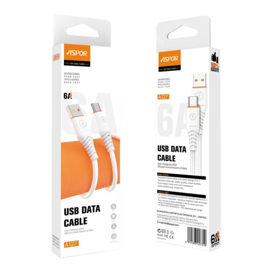 Aspor A127 USB кабель Type-C Quick Charge 6A/1м- білий