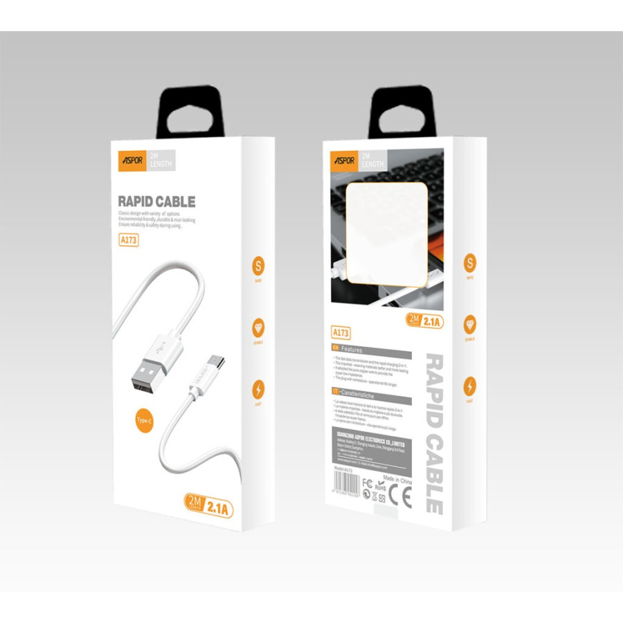 Aspor A173 USB кабель Type-C 2A/1.2м- білий