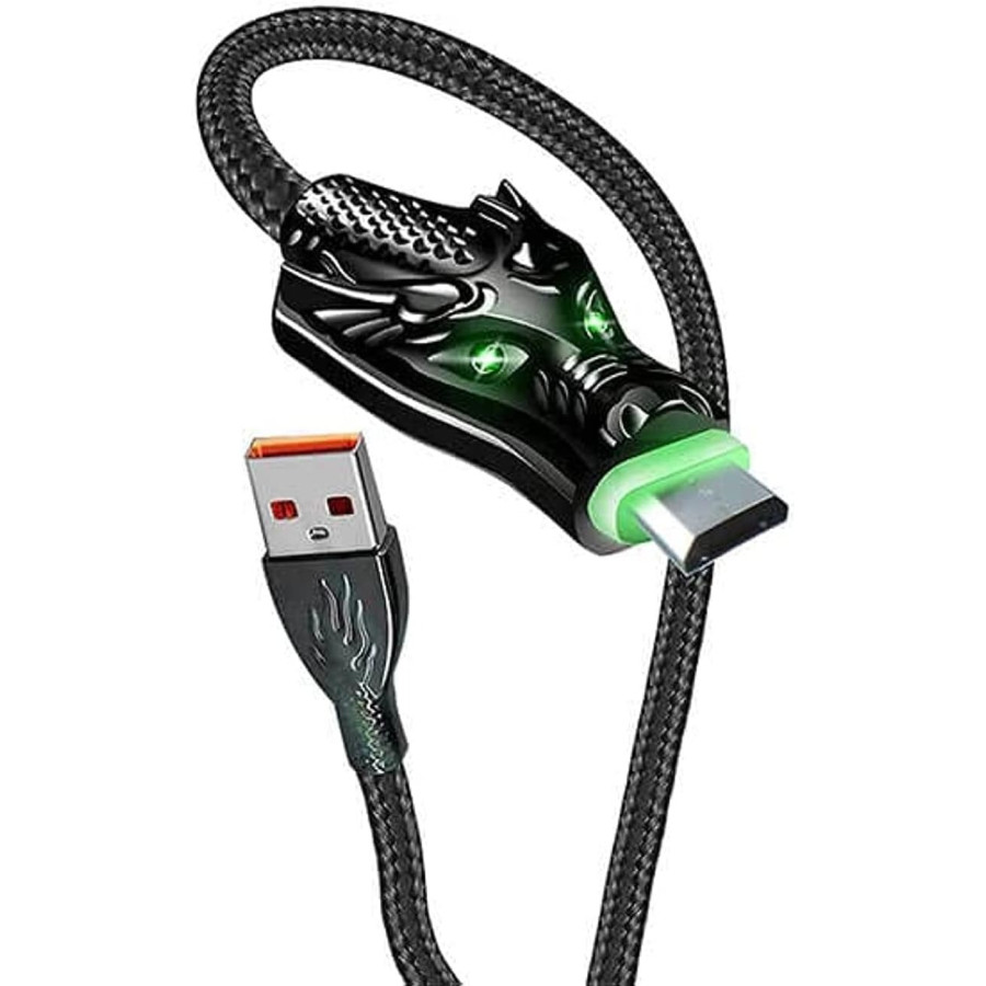 Aspor A197 USB кабель Dragon Nylon LED Type-C 2.4A/1м- чорний