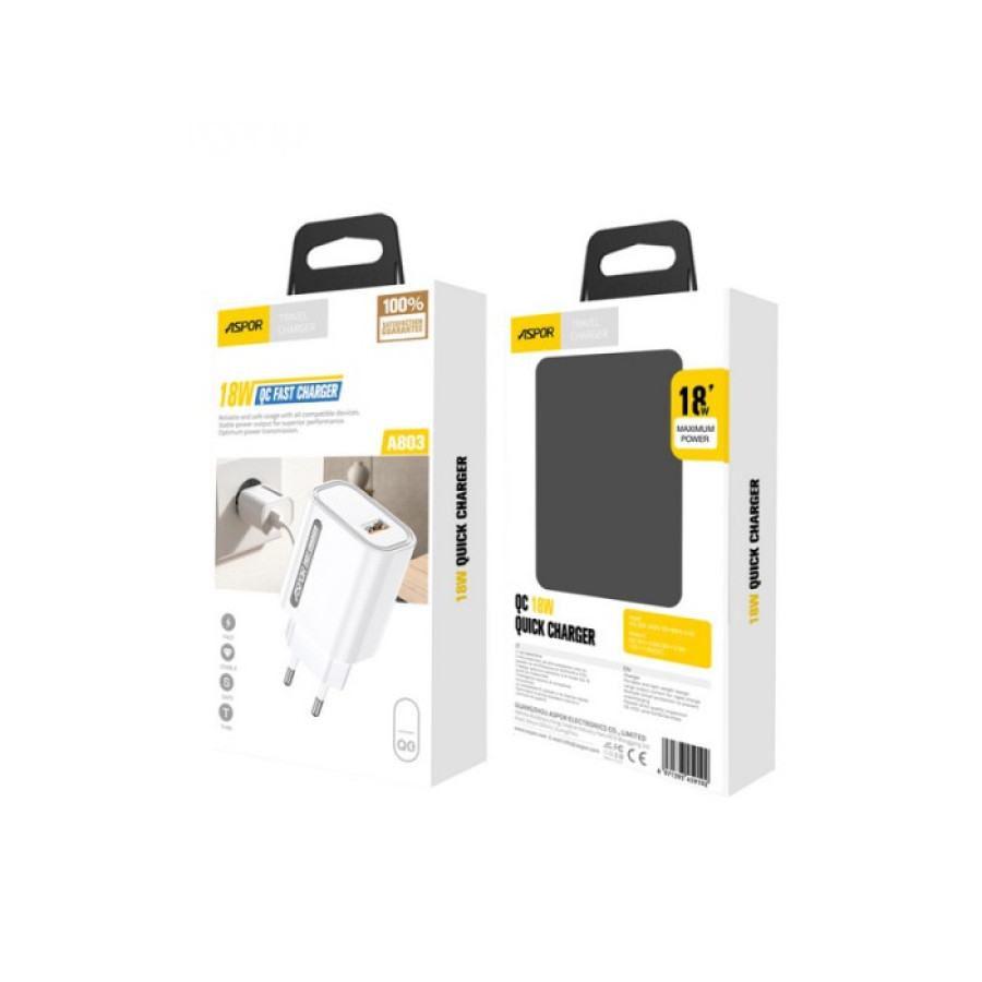 Aspor A803 Мережевий зарядний пристрій (USB/18W) + USB кабель Type-C- білий