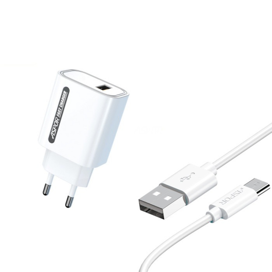 Aspor A803 Мережевий зарядний пристрій (USB/18W) + USB кабель Type-C- білий