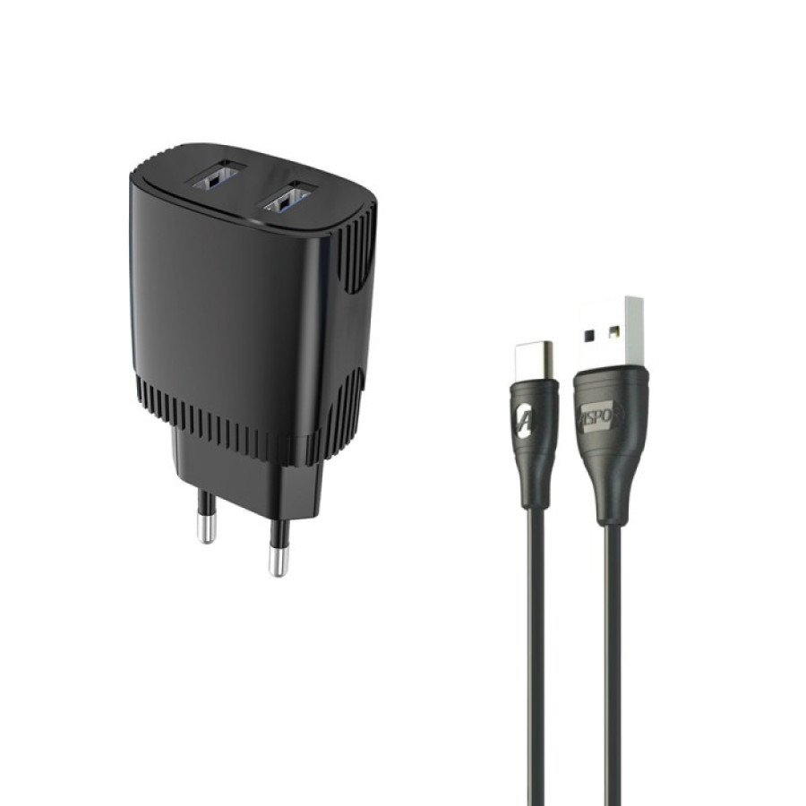 Aspor A811 Мережевий зарядний пристрій (2USB/2.4A) + USB кабель Type-C- чорний