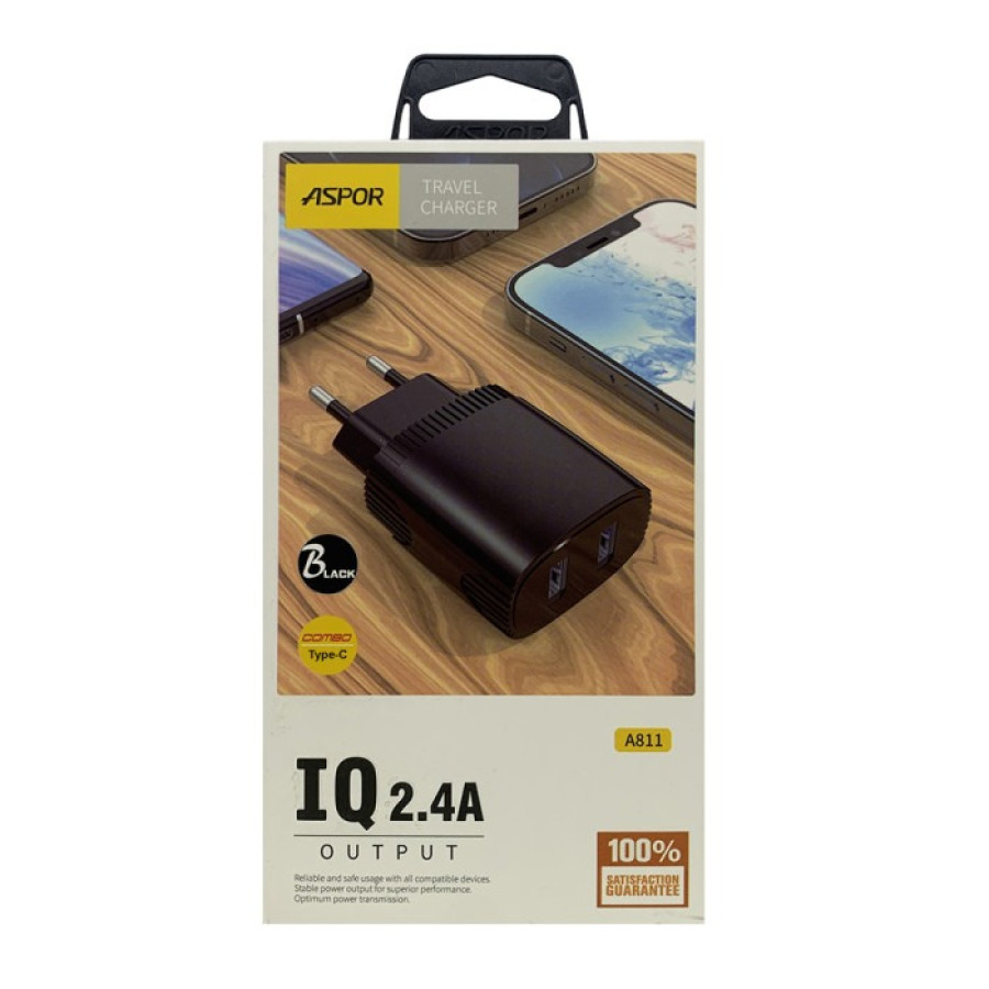 Aspor A811 Мережевий зарядний пристрій (2USB/2.4A) + USB кабель Type-C- чорний