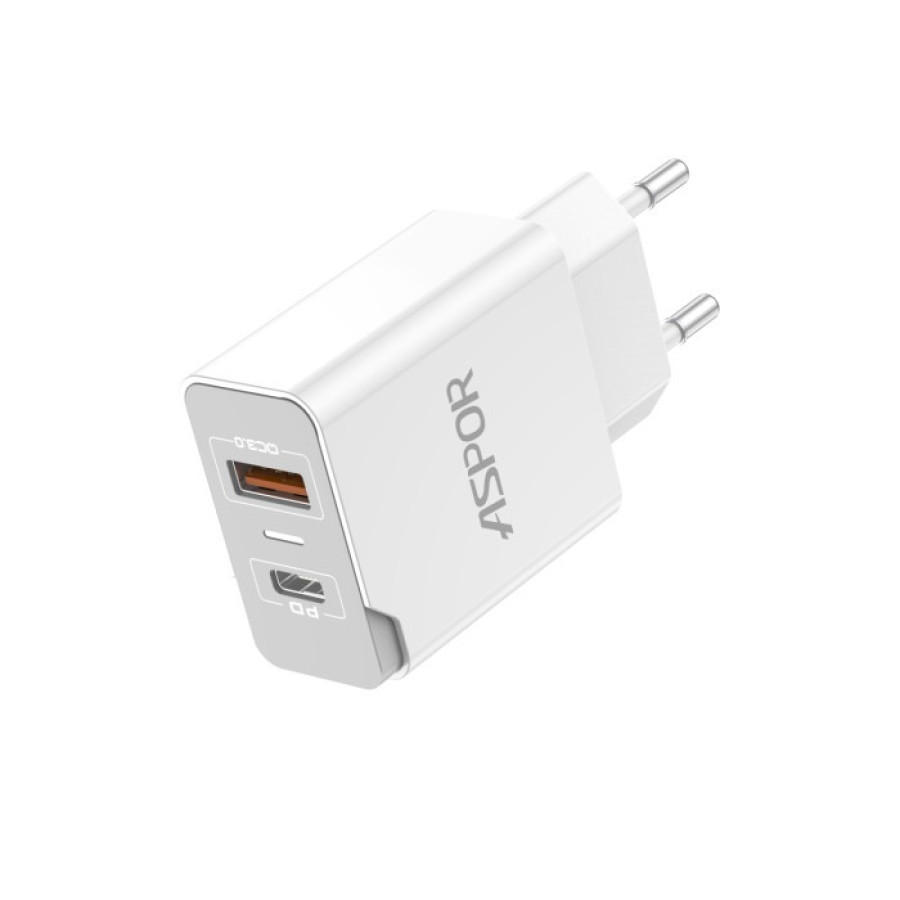 Aspor A826 Мережевий зарядний пристрій PD (USB/USB-C/3A/20W)- білий