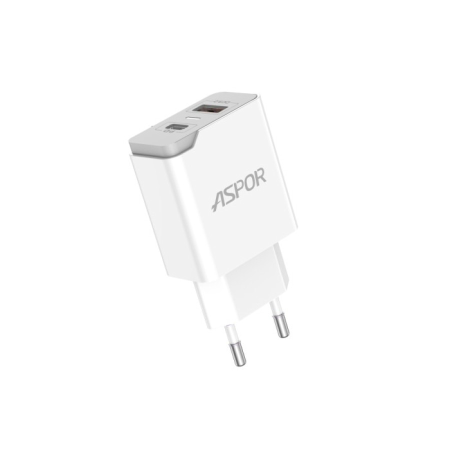 Aspor A826 Мережевий зарядний пристрій PD (USB/USB-C/3A/20W)- білий