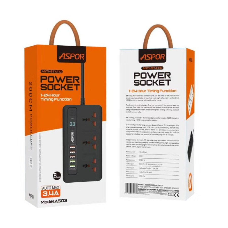Aspor A503 Мережевий фільтр-подовжувач Auto Max (5USB/3.4A/2м)- чорний