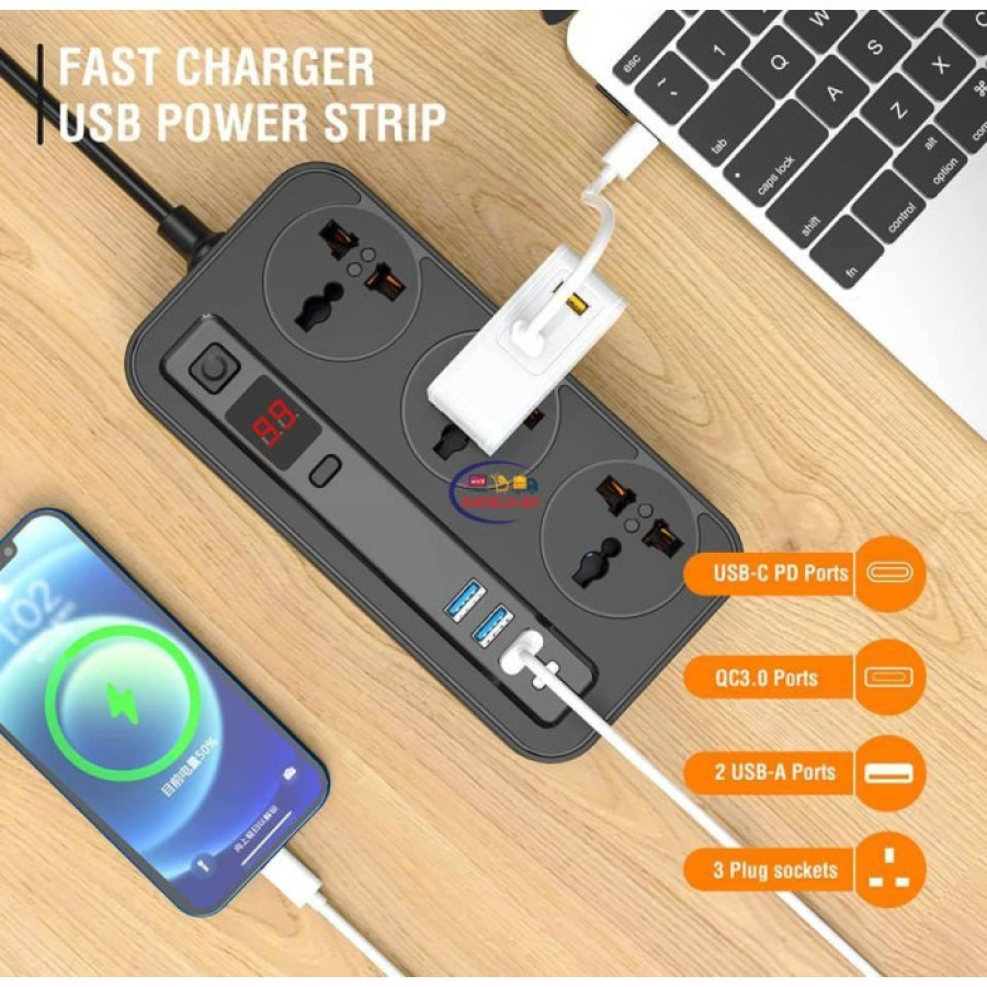 Aspor A505 Мережевий фільтр-подовжувач PD (3USB/USB-C/3A/20W/2м)- чорний