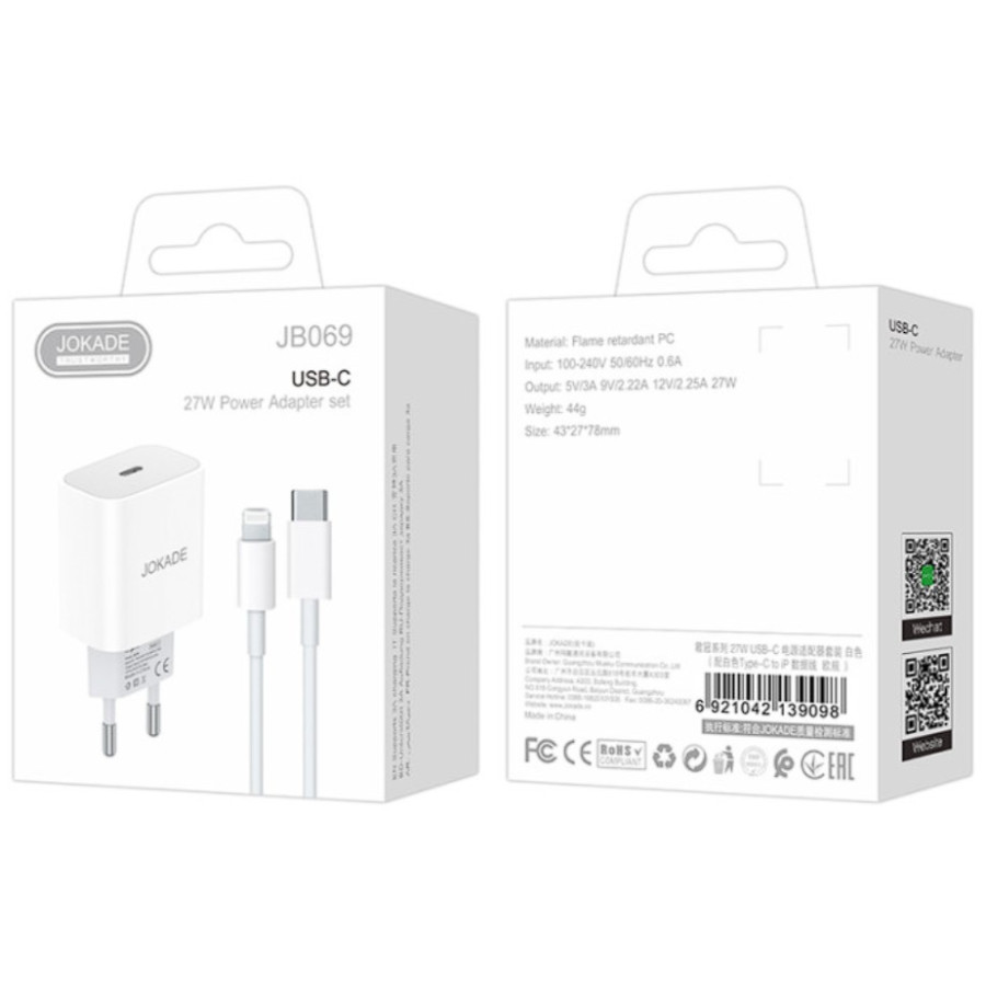 Jokade JB069 Мережевий зарядний пристрій (USB-C/27W) + кабель Type-C to Lightning- білий