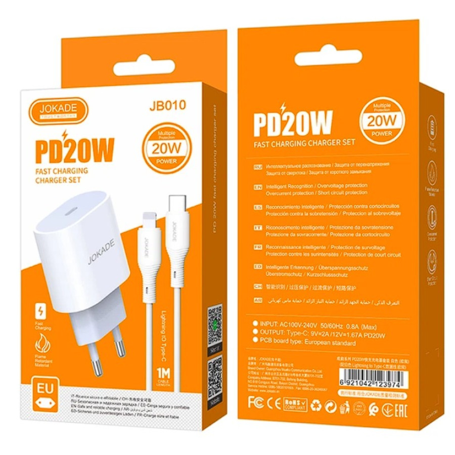 Jokade JB010 Мережевий зарядний пристрій (USB-C/PD20W) + кабель Type-C to Lightning -білий