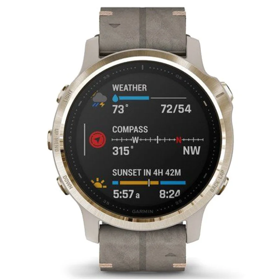 Garmin Fenix 6S Pro Sapphire Light Gold with Shale Grey Leather Band (010-02159-40)