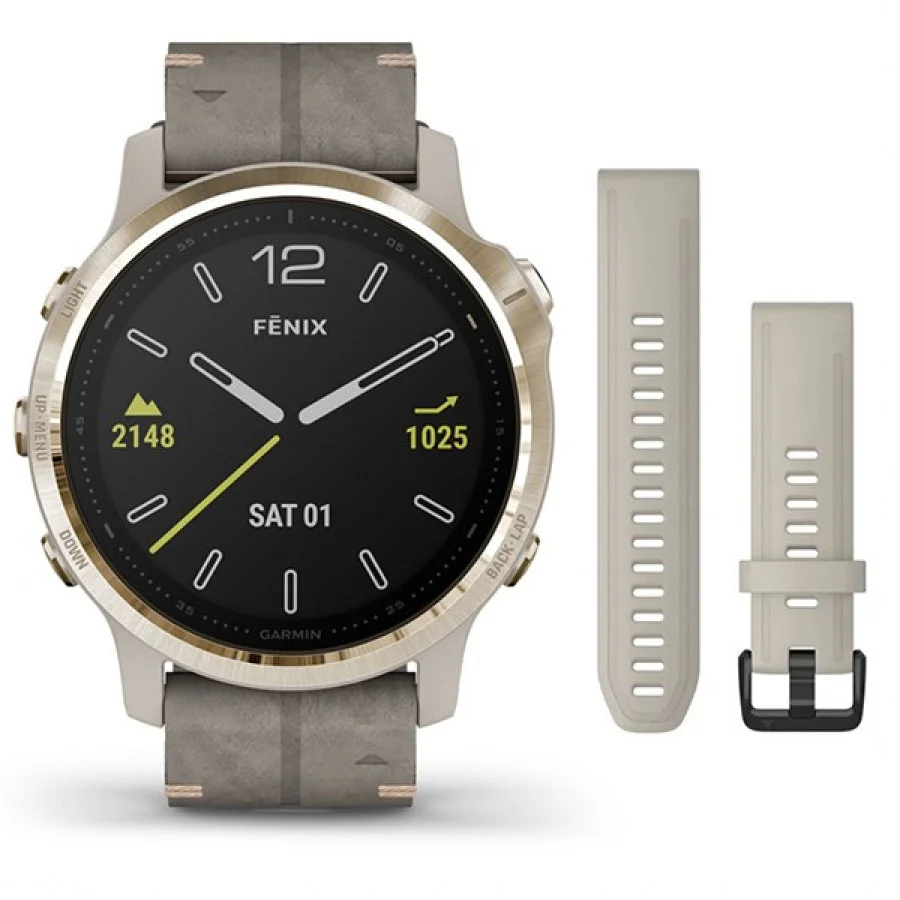 Garmin Fenix 6S Pro Sapphire Light Gold with Shale Grey Leather Band (010-02159-40)