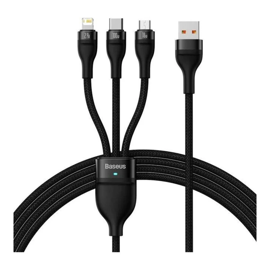 Baseus Flash Series II 100W 3-in-1 USB to Type-C/Lightning/Micro USB 1.2m Black (CASS030001)