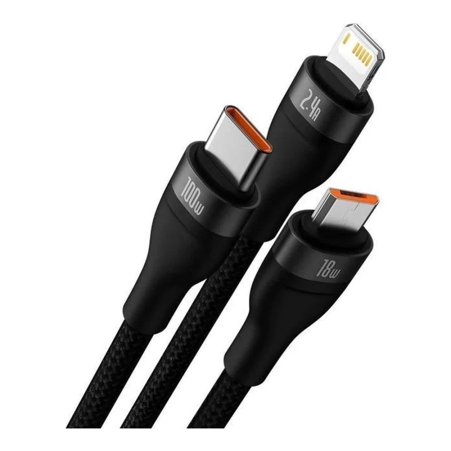 Baseus Flash Series II 100W 3-in-1 USB to Type-C/Lightning/Micro USB 1.2m Black (CASS030001)