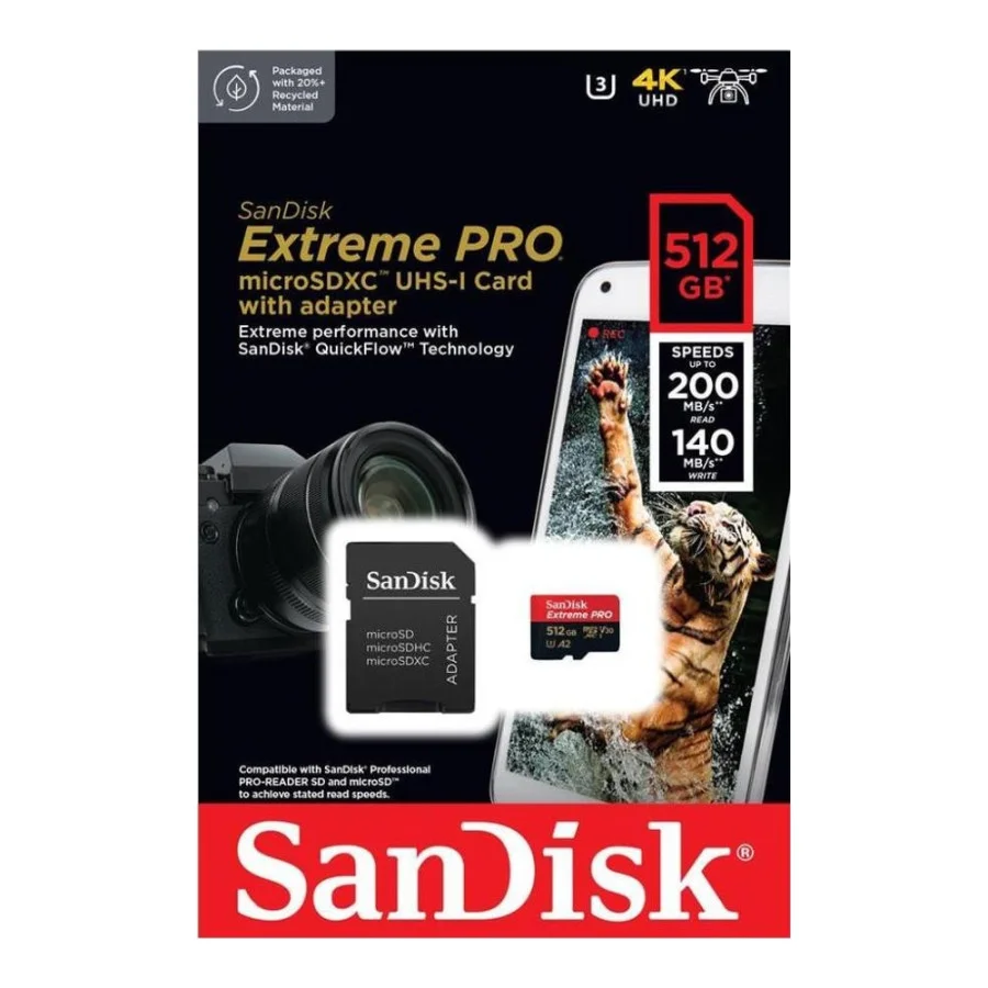 SanDisk 512 GB microSDXC UHS-I U3 Extreme Pro + SD Adapter SDSQXCD-512G-GN6MA