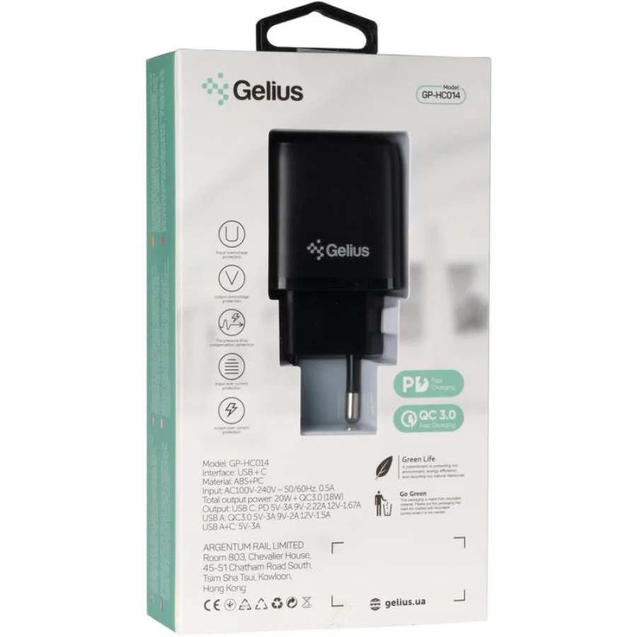 СЗУ Gelius Pro X-Duo GP-HC014 USB+Type-C QC3.0/PD20W Black