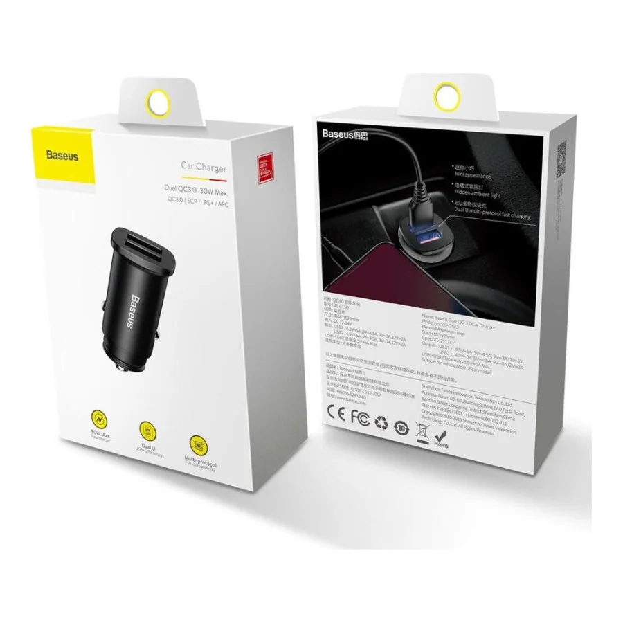 Baseus USB Car Charger Square Metal Quick Charger 3.0 2xUSB 30W Black (CCALL-DS01)
