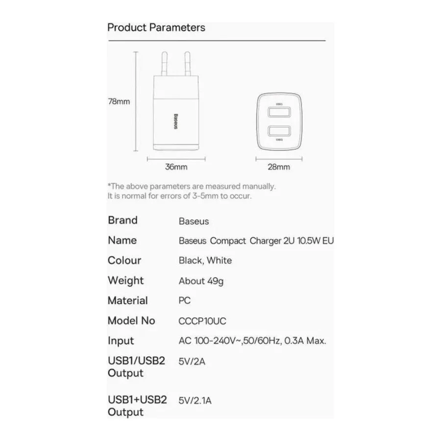 Baseus Compact 2xUSB 10.5W 2.1A White (CCXJ010202)