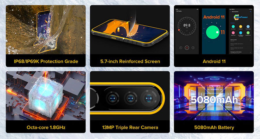 Ulefone Armor X8i 3/32GB Yellow має задній стороні злегка випирає блок з камерами і сканером відбитків пальців, трохи правіше якого виділяється подвійний спалах